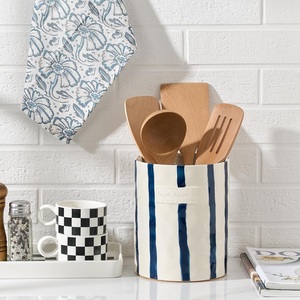 Hand Painted Ceramic <b>Utensil</b> <b>Holder</b> Blue Stripe Design Smooth Glaze Durable Heat Resistant <b>Kitchen</b> Counter Storage Organizer - Product Image 2
