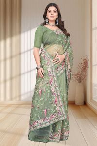 Indian Boutique Traditional <b>Silk</b> Saree with Tissue Organza and Beautiful Multi Embroidery C-Pallu Work for Women Party Wear - Product Image 5