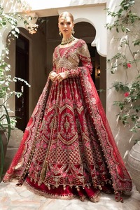 Premium Pakistani Bridle Dress Emerald Green And Antique Gold Heavy Embellished Long Bridal Pishwas With Banarsi Jamawar - Product Image 4