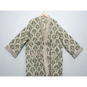 Kimono de algodón hecho a mano con estampado floral, ropa de dormir de verano, estampado en bloques, largo hasta el suelo, bata de dama de honor, pareo de playa, kimono informal. - Product Image 2