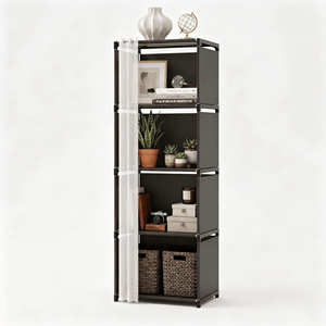 5-Tier Storage Cabinet Closet with Curtain Silver Metal Pipe <b>Shelf</b> <b>Rack</b> Black Fabric Panels Freestanding - Product Image 1
