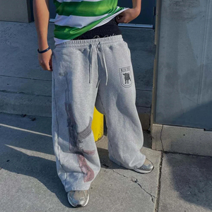 Pantalon Street Guard Y2K taille haute, imprimé et brodé, effet usé, coupe large décontractée, devant plat, 100% Coton, Printemps-Été - Product Image 1