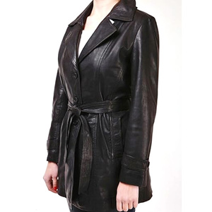 Double breasted long leather trench coat for women with waist belt and front buttons for office or travel - Product Image 3