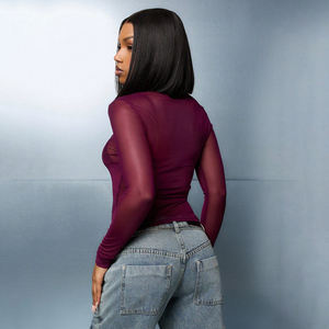 Camiseta de malla de manga larga con cuello redondo y ajuste ceñido para mujer, 100% algodón transpirable, venta al por mayor, sexy, de verano - Product Image 2