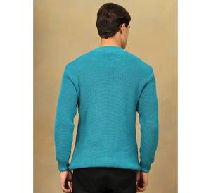Pull en laine tricoté de couleur turquoise unie pour homme de qualité supérieure |   Pull d'hiver à col rond avec motif géométrique, séchage rapide et doux - Product Image 1