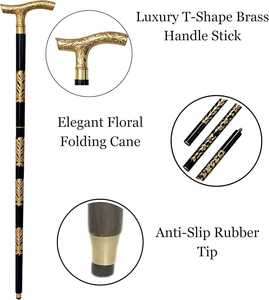 Canne de marche LIARA en laiton antique avec poignée en T gravée de motifs floraux, tige noire, canne vintage pour homme, pour usage intérieur et extérieur - Product Image 4