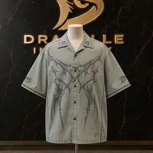 Camisa Dirty Mint Gothic Thorn Y2K para hombre, oversize, de corte holgado, manga corta, con detalles de pedrería, estilo streetwear, abotonada, grunge, casual, al por mayor - Product Image 1
