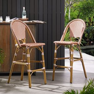 Set di 2 sgabelli da bar francesi in rattan PE da esterno da 29,5 pollici, rosso ruggine e bianco, con struttura in alluminio e finitura in bambù - Product Image 4