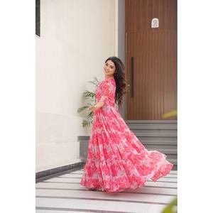 Magnifique robe trapèze à imprimé floral, taille empire, en tissu mousseline, idéale pour les soirées - Product Image 5