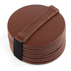 <b>Full</b> grain leather coasters Round Set Of 10 pcs Round coaster for glass - Coasters for drinks - includes holder Leather Coasters - Product Image 1