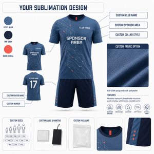 ชุดเสื้อฟุตบอลแบบกำหนดเอง ยูนิเซ็กซ์ สีน้ำเงิน พิมพ์ลายแบบซับลิเมชั่น ระบายอากาศได้ดี ผ้าโพลีเอสเตอร์ตาข่าย แขนสั้น ชุดทีม - Product Image 4