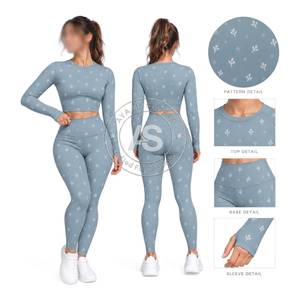Women's 2 Piece Yoga Set <b>Navy</b> Blue Floral Print Long Sleeve <b>Crop</b> Top High Waist Full Length <b>Leggings</b> Four-Way Stretch - Product Image 3