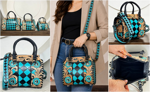 Sac à main mini Speedy en cuir fait main OEM ODM avec motif à carreaux turquoise et noir style western, sac bandoulière pour femme - Product Image 3