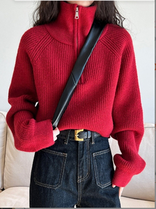 Suéter Corto de Punto para Mujer, Manga Larga, Cuello Alto, Cierre de Cremallera, Manga Farol, Color Sólido, Informal, para Invierno - Product Image 2