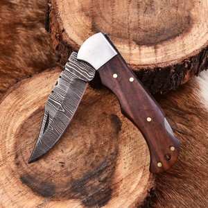 Cuchillo Plegable de Acero de Damasco con Patrón Trenzado, Bloqueo Trasero, Mango de Palisandro, Funda, Cuchillo EDC de Bolsillo para Camping, OEM, Venta Caliente - Product Image 2