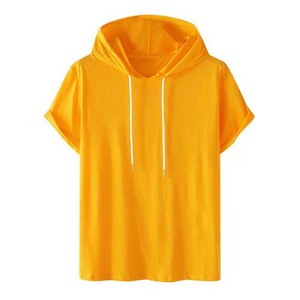 เสื้อยืดถักแขนสั้นมีฮู้ดสีเหลืองสำหรับทุกเพศทรงหลวมสวมใส่สบายในฤดูร้อน - Product Image 1