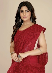KV Embroidered Bollywood Net <b>Saree</b> (<b>Red</b>) - Product Image 4