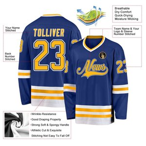 Créez votre propre maillot de hockey, personnalisation complète, uniforme d'équipe de hockey sur glace bleu et or, col en V, manches longues, uniforme pour homme - Product Image 4