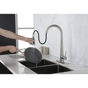 Rubinetto da cucina ad arco alto monocomando con doccetta estraibile, marca Mo, finitura nichel spazzolato, per lavello da cucina con piastra di base - Product Image 1