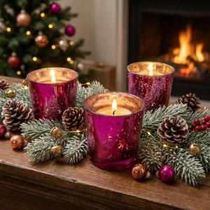 Fuchsia Mercury Glass Tealight Holder | Vintage Votive <b>Candle</b> Cup for Wedding Party | Home Table Centrepiece Decor Gift Set Boxs - Product Image 2