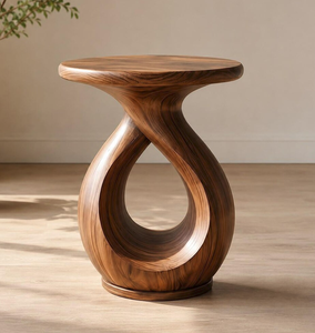 Mesa de centro redonda moderna convertible de madera con diseño acanalado, hecha a mano, para sala de estar a bajo precio - Product Image 1