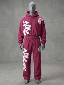 Conjunto de chándal de felpa francesa con cremallera para hombre, color marrón, con estampado de letras, estilo urbano holgado, 2 piezas, vintage, transpirable, con bolsillos y efecto lavado ácido. - Product Image 2