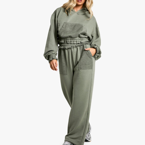 Pantalon décontracté d'hiver pour femme, coupe oversize, couleur unie, devant plat, taille mi-haute élastique, 100 % coton molletonné respirant, jambe droite classique - Product Image 1