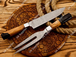 ชุดมีดสับและส้อมทำจากเหล็กดามัสกัสคุณภาพสูง คมกริบระดับมืออาชีพ สำหรับหั่นเนื้อบริสเก็ต บาร์บีคิว ใช้งานได้ทั้งมือซ้ายและขวา ด้ามจับสีเขียวมะกอก - Product Image 3