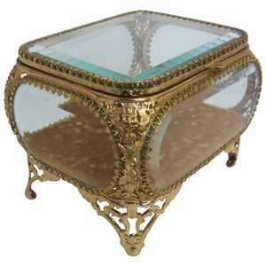 Vintage Gold Frame Glass Jewelry <b>Box</b> With Chain Lid For Necklace Ring Storage <b>Vanity</b> Desk Use - Product Image 1