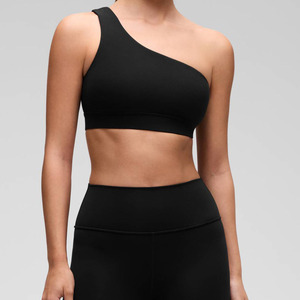 Breathable Summer Fashion Women Halter Neck Short <b>Top</b> 180gsm Black Print 100% Polyester <b>One</b> Shoulder Sports Bra Front Logo - Product Image 1