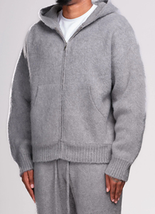 เสื้อฮู้ดมีซิปผ้าผสมขนแพะ  โลโก้สั่งทำได้ เสื้อฮู้ดซิปยาวผ้าขนแพะ  เสื้อสเวตเตอร์ถักทรงโอเวอร์ไซส์ เสื้อฮู้ดขนแพะผู้ชาย เสื้อแจ็คเก็ตผู้ชาย - Product Image 2