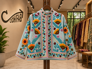 Hand Embroidered Knitted Floral Velvet Jacket Women's Winter <b>Coat</b> <b>Reversible</b> Cotton Lined Stand Collar Boho Ethnic Outerwear - Product Image 3