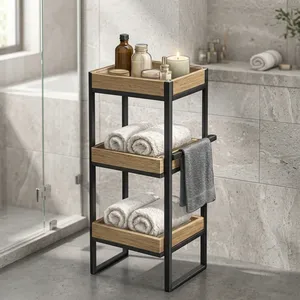 3 Tier Wood <b>Storage</b> <b>Cart</b> with Metal Frame Bathroom Organizer for Towels and Toiletries Minimalist Design spa Towers - Product Image 2