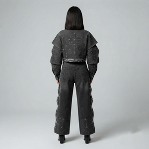 Custom Women Set Denim Tracksuit Set Rhinestone Studded Cropped Jean <b>Jacket</b> Wide Leg Pants Washed Black <b>Gothic</b> Y2K Streetwear - Product Image 6