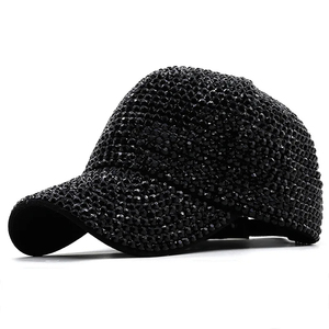 Casquette de baseball noire à strass, ajustable, unisexe, 6 panneaux, chapeau tendance couleur unie, printemps-été, décontractée, en maille noire - Product Image 1