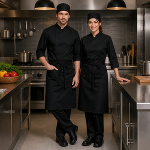Kit complet d'uniforme de chef : veste, pantalon, tablier, chapeau – en polyester et coton, respirant, anti-boulochage, pour la cuisine - Product Image 1