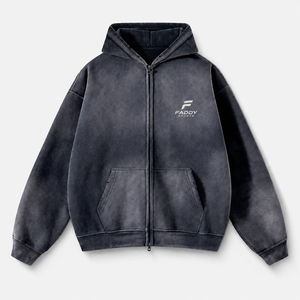 Sweat à capuche unisexe oversize marron moka délavé style streetwear avec fermeture éclair, bords bruts usés, en molleton épais, logo personnalisé - Product Image 1