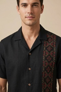 Men Black Cotton Poplin <b>Short</b> <b>Sleeve</b> <b>Shirt</b> With Hand Embroidery Geometric Pattern Turn-down Collar Casual Summer Wear Breathable - Product Image 2
