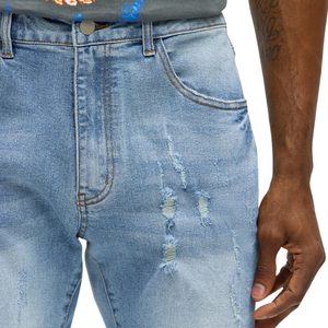 Jean évasé bleu clair pour homme, en denim déchiré mi-léger, délavé aux enzymes, décontracté, extensible, respirant, 100 % coton - Product Image 3