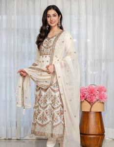 Ladies Embroidered <b>Top</b> Pant Dupatta Set Faux Blooming <b>Sequins</b> Zari Thread Moti Lace Designer Wedding Festive Party Ethnic Wear - Product Image 1
