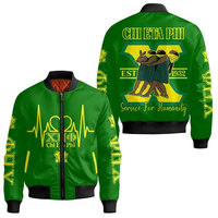Blouson Bomber Homme Chi Eta Phi Noir Vert Imprimé Dessin Animé Col Montant Service for Humanity Fermeture Éclair Avant Style Décontracté