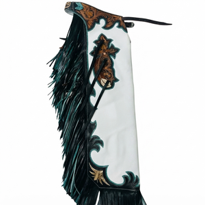 Pantalones de montar de cuero estilo western para hombre con flecos color verde azulado, diseño floral cruzado hecho a mano y costuras decorativas – Pantalones de equitación vaqueros - Product Image 1