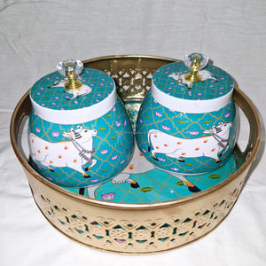 Metal Pichwai <b>Tray</b> Set with Jar for Diwali Gifting-Traditional Design - Product Image 1