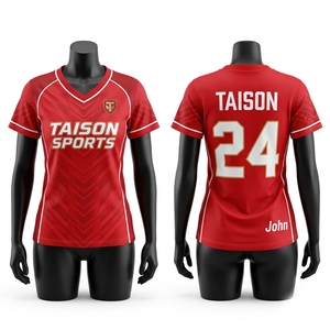 เสื้อเจอร์ซีย์ตาข่ายโพลีเอสเตอร์พรีเมียม 160 GSM สีแดงขาว ตัดต่อแผงสีตัดกัน คอวี พิมพ์ลายแบบซับลิเมชั่นด้วยความร้อนตามสั่ง - Product Image 1