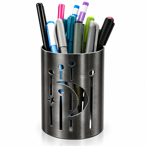 Portalápices Moderno de Acero Inoxidable con Diseño Hueco de Luna Creciente y Estrella, Organizador de Lápices Plateado para Escritorio de Oficina - Product Image 3