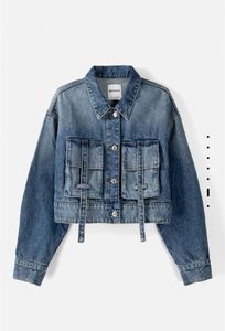 <b>Cropped</b> <b>Denim</b> <b>Jacket</b> Women Light Wash Button Front Long Sleeve Casual Coat Autumn Style Solid Color Woven Cotton Fit Regular - Product Image 6