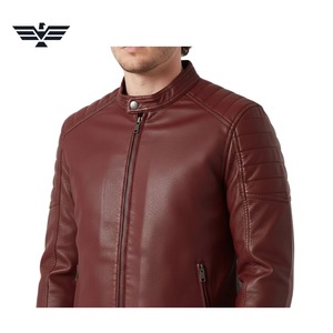 Chaqueta de Motociclista para Hombre, Roja, de Cuero Genuino, Impermeable, Rellena de Plumón, Cuello Alto, Cierre de Cremallera, Corte Ajustado, Color Sólido, para Otoño - Product Image 5