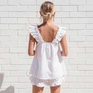 Women Ruffle Sleepwear Set Cotton <b>Linen</b> Tank <b>Top</b> and Shorts Lounge pajama Summer Homewear - Product Image 3