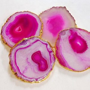 Natural Pink <b>Agate</b> Stone <b>Coaster</b> Gold Trim Polished Gem Drink Mat Irregular Shape for Home Decor Gift - Product Image 1