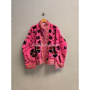 Veste en molleton à col mandarin brodée de fleurs en velours rose, manches longues, vêtements d'hiver pour femmes, manteau - Product Image 1
